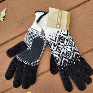 Isotoner Black & White Chenille Gloves Fur Lined one size